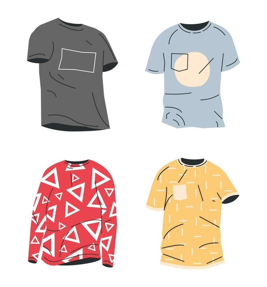 Mens en vrouw t-shirt verzameling geïsoleerd. shirt, t-shirt en lange mouw. duidelijk en met afdrukken. modieus gewoontjes unisex streetwear kleren. tekenfilm vlak vector illustratie