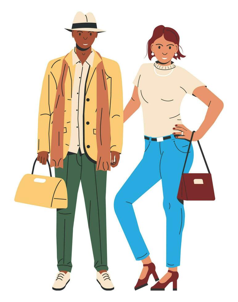 mooi vrouw en Mens geïsoleerd. mode meisje met zak in jeans. modieus Mens in gewoontjes kleren. modieus levensstijl. elegant paar icoon. vlak vector illustratie