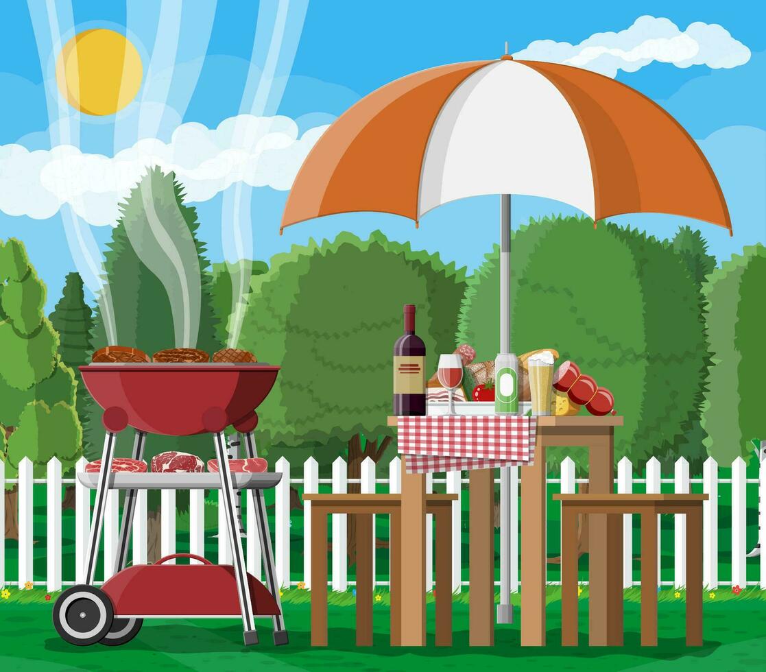 bbq partij of picknick. tafel met fles van wijn, groenten, kaas, kan van bier. elektrisch rooster met barbecue. Koken steak, vlees en worstjes, grillen barbecueën. vector illustratie vlak stijl