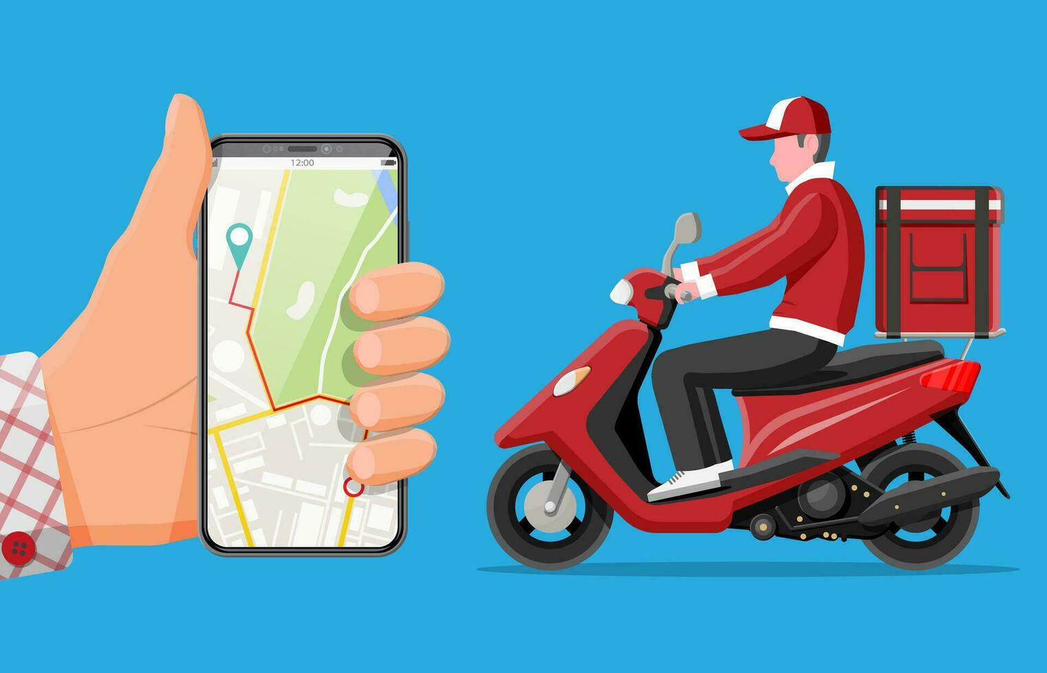 smartphone met app en Mens rijden motor scooter met de doos. concept van snel levering in de stad. mannetje koerier met pakket doos Aan zijn terug met goederen en producten. tekenfilm vlak vector illustratie