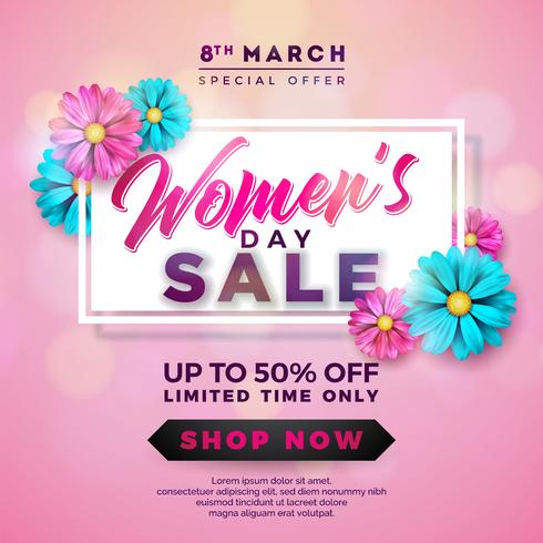 Womens dag verkoop ontwerp met mooie kleurrijke bloem op roze achtergrond vector