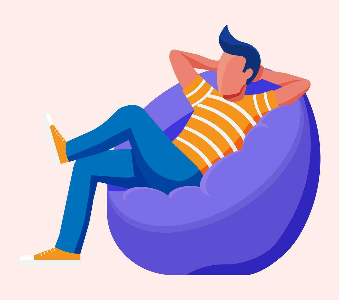 jong Mens zittend en chillen Aan Boon tas. Mens is resting in zak stoel. freelancer ontspannende na werk. hipster karakter in jeans en t-shirt. vlak vector illustratie