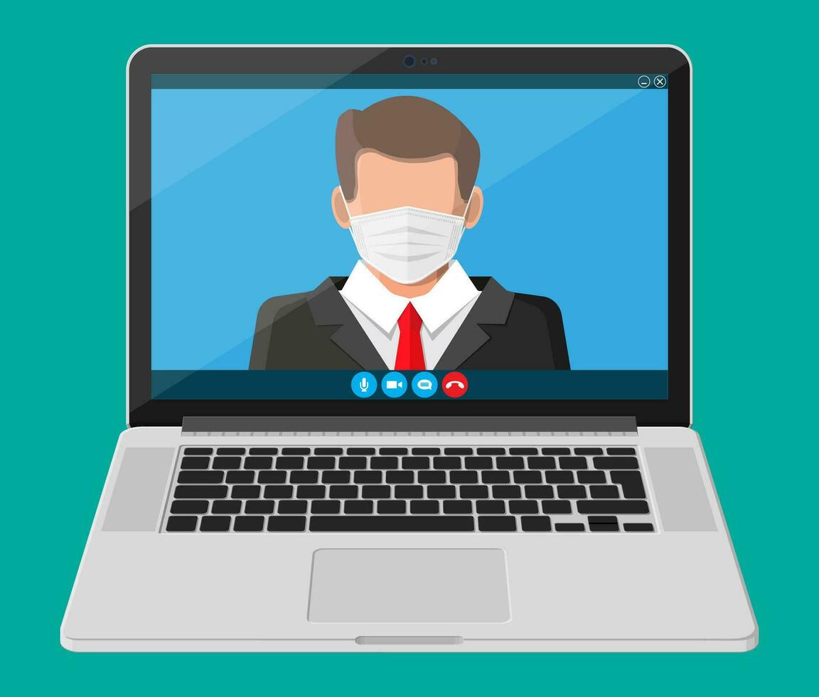 laptop met conferentie. openbaar spreker zakenman in medisch masker video telefoontje online opleiding leven stroom. zelf isolatie gedurende covid-19 ncov coronavirus pandemisch quarantaine. vlak vector illustratie