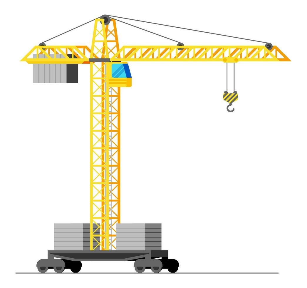 bouw toren kraan geïsoleerd Aan wit. geel toren kraan met cabine. huis gebouw machine. zwaar industrieel apparatuur. tekenfilm vlak vector illustratie