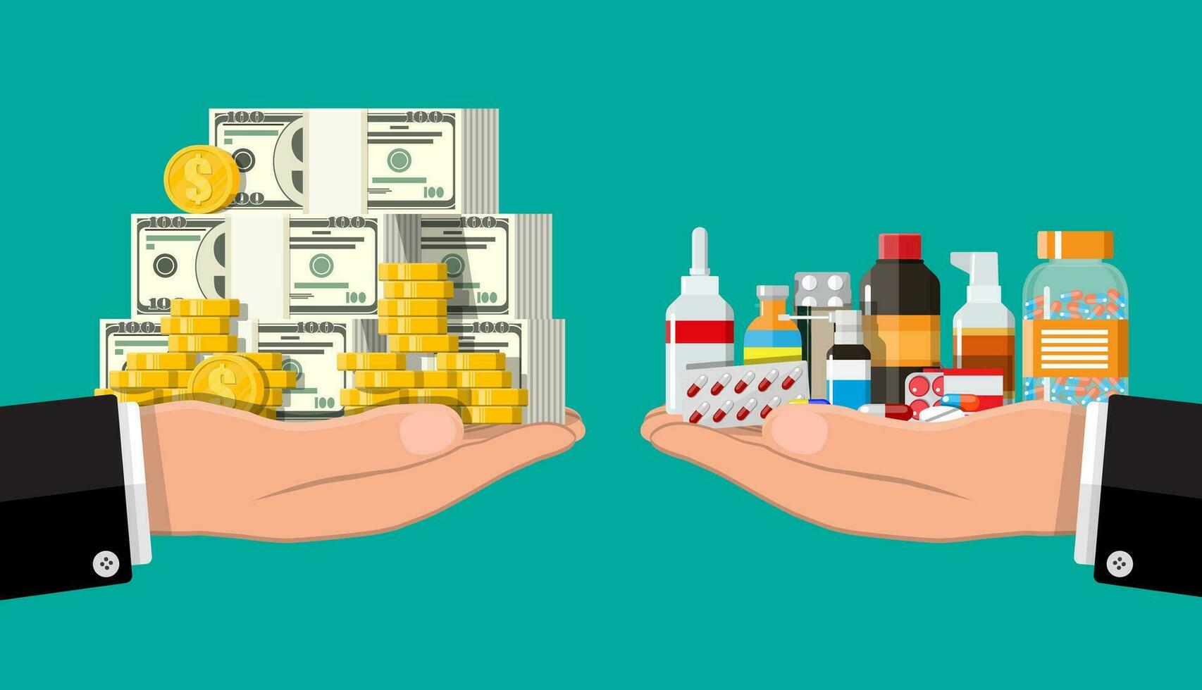 hand- balans met stapel van geld en flessen van verdovende middelen en pillen. Gezondheid verzekering en gezondheidszorg. buying en verkoop drugs. apotheek winkel. vector illustratie in vlak stijl