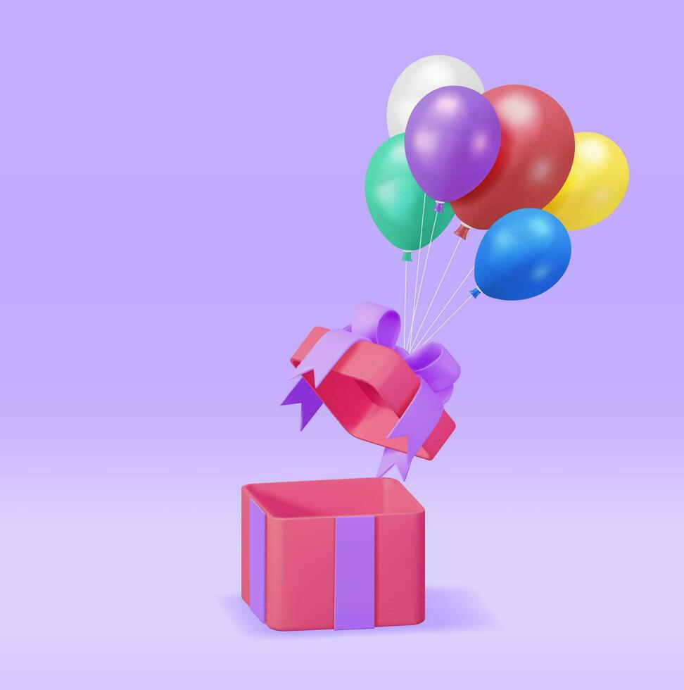 3d glimmend geschenk doos met ballon geïsoleerd. geven feestelijk helium kleur ballonnen giftbox spandoek. sjabloon voor verjaardag, verjaardag partij, Kerstmis vakantie, Valentijn dag. vector illustratie