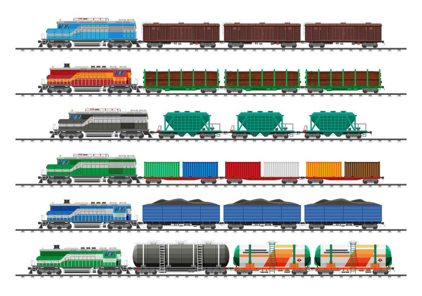 reeks van trein lading wagens, reservoirs, tanks en auto's. spoorweg vracht verzameling. platte wagen, gesloten goederenwagen, auto koets. industrieel rijtuigen, kant visie. lading het spoor vervoer. vlak vector illustratie