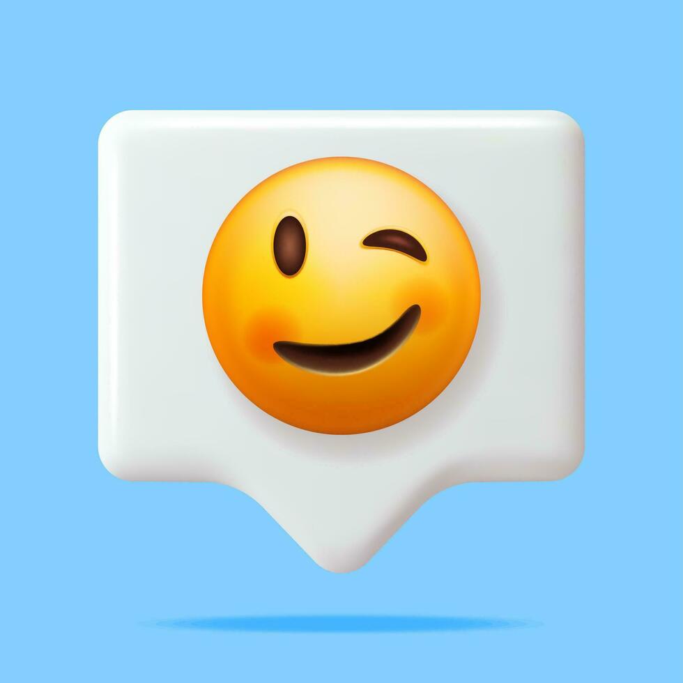 3d geel gelukkig emoticon met knipogen gezicht Aan toespraak bubbel geïsoleerd. geven een beetje knipogen emoji. gelukkig gezicht gemakkelijk. communicatie, web, sociaal netwerk media, app knop. vector illustratie