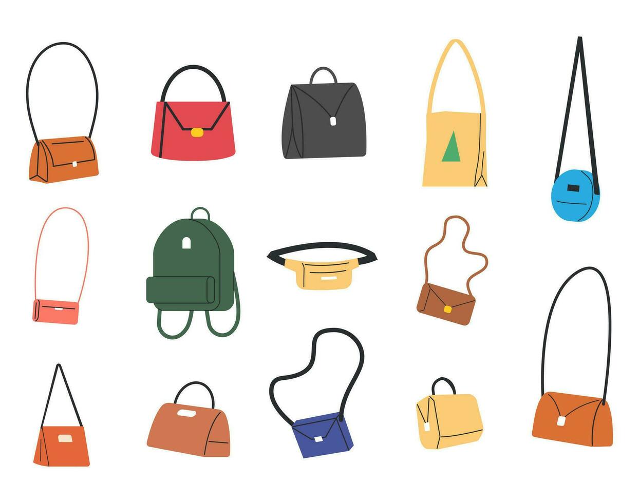 reeks van verschillend Tassen geïsoleerd. tas, koppeling, taille, reizen handtas en etui handtassen. vrouw accessoires verzameling. verschillend vrouw handtassen, kant visie. tekenfilm vlak vector illustratie