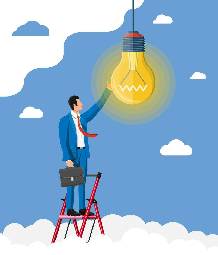 zakenman met bijzaak Aan ladder creëert nieuw idee. concept van creatief idee of inspiratie, bedrijf begin omhoog. glas lamp met spiraal in vlak stijl. vector illustratie