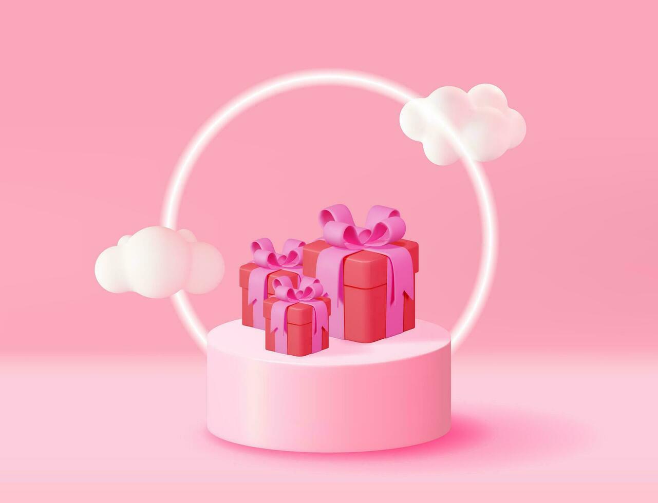 3d roze podium met geschenk doos en pluizig wolk. geven stadium model. platform met tekenfilm wolken. Valentijn dag, verjaardag kaart, Product Scherm presentatie advertentie. vector illustratie