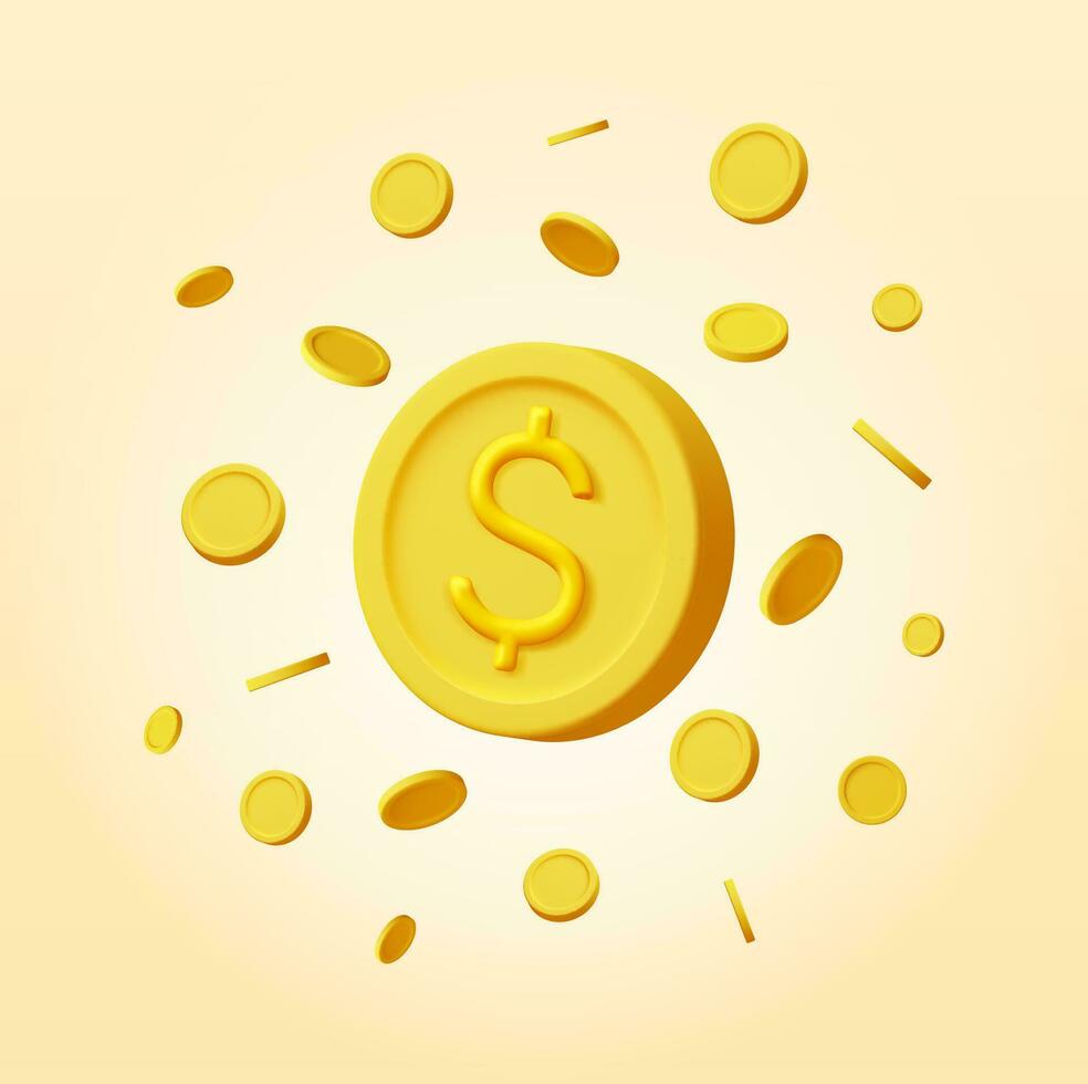 3d vallend goud munten geïsoleerd. geld regen. ronde munt met dollar symbool. geven gouden munten. groei, inkomen, besparingen, investering. symbool van rijkdom. bedrijf succes. vector illustratie.