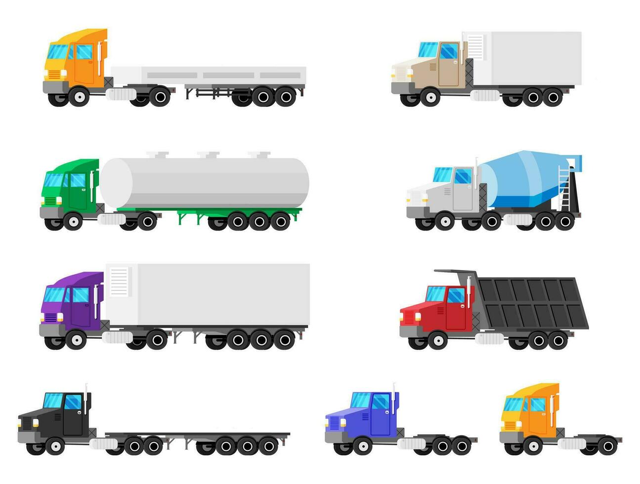 reeks van vrachtwagens geïsoleerd. lading auto icoon verzameling. divers vervoer voertuigen. bouw vrachtwagen machines. houder aanhangwagen, kipper, mixer, dumper, tank, koelkast. vlak vector illustratie