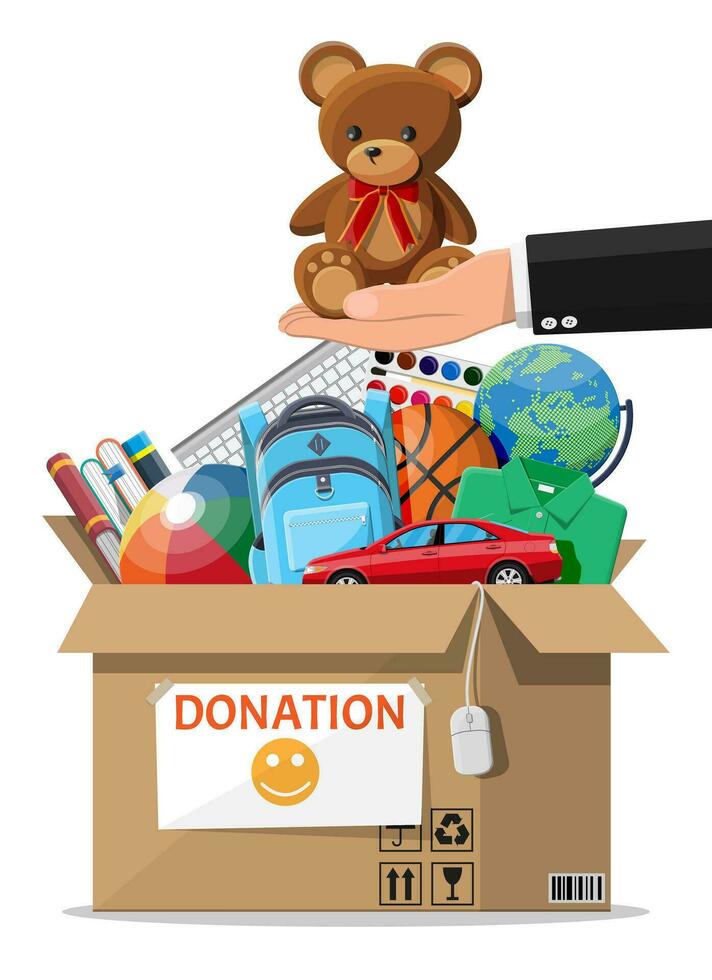 karton bijdrage doos vol van speelgoed, boeken, kleren en apparaten. helpen voor kinderen, ondersteuning voor arm kind. schenken houder in hand. sociaal zorg, vrijwilligerswerk, liefdadigheid concept. vlak vector illustratie