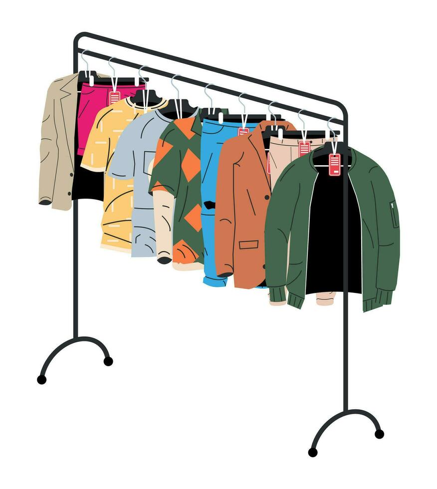 Mannen en dames kleren Aan hanger. winkel garderobe. kleren en accessoires. divers hangende kleding met prijs label. seizoensgebonden uitverkoop van kleren. jasje, shirt, jeans, broek. vlak vector illustratie