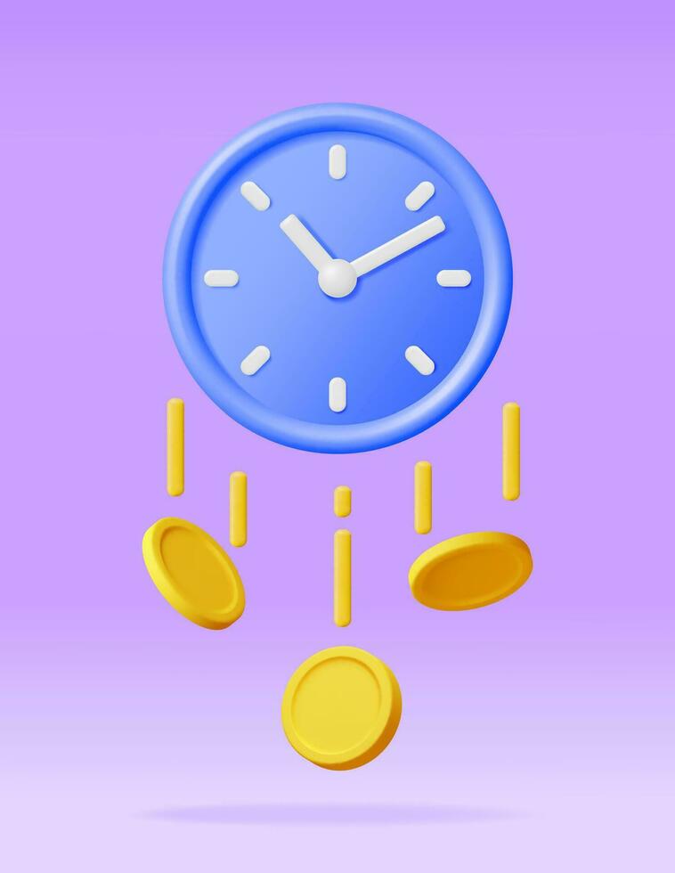3d klok met dollar gouden munten geïsoleerd. geven tijd is geld concept jaar- omzet, financieel investering, besparingen, bank borg, toekomst inkomen, geld ten goede komen. vector illustratie