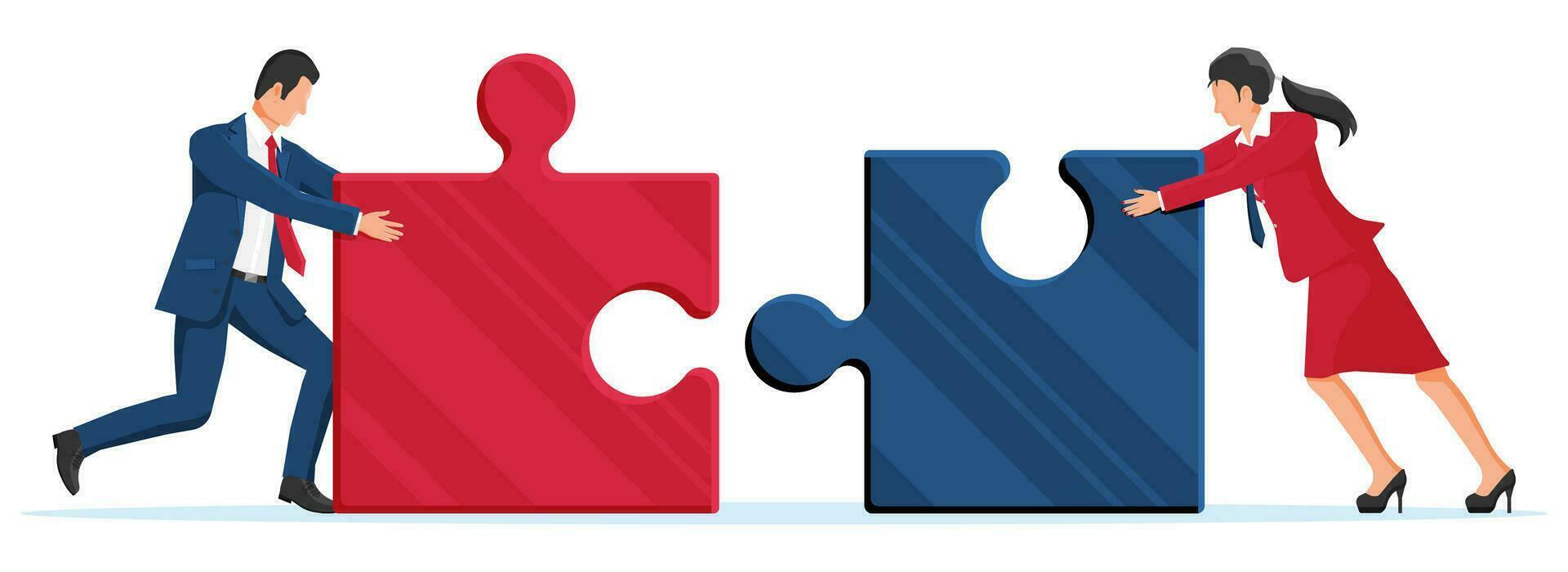zakenman en zakenvrouw tekens Verbinden puzzel stukken. symbool van teamwerk, medewerking, vennootschap. bedrijf strategie en oplossing, team werk concept. tekenfilm vlak vector illustratie