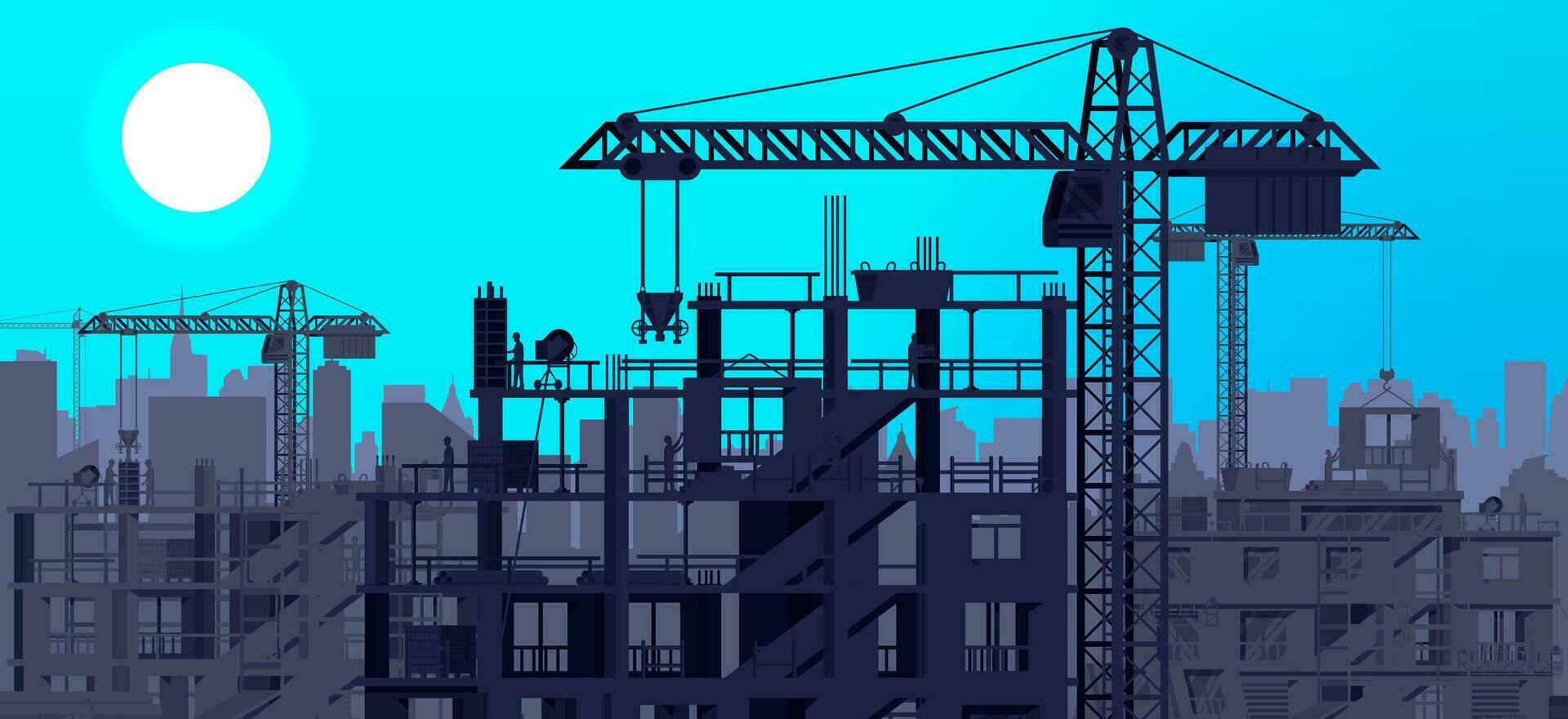 bouw plaats banier silhouet landschap. dak, arbeiders, beton stapels, toren kraan. onder bouw ontwerp achtergrond. gebouw materialen en apparatuur. tekenfilm vlak vector illustratie