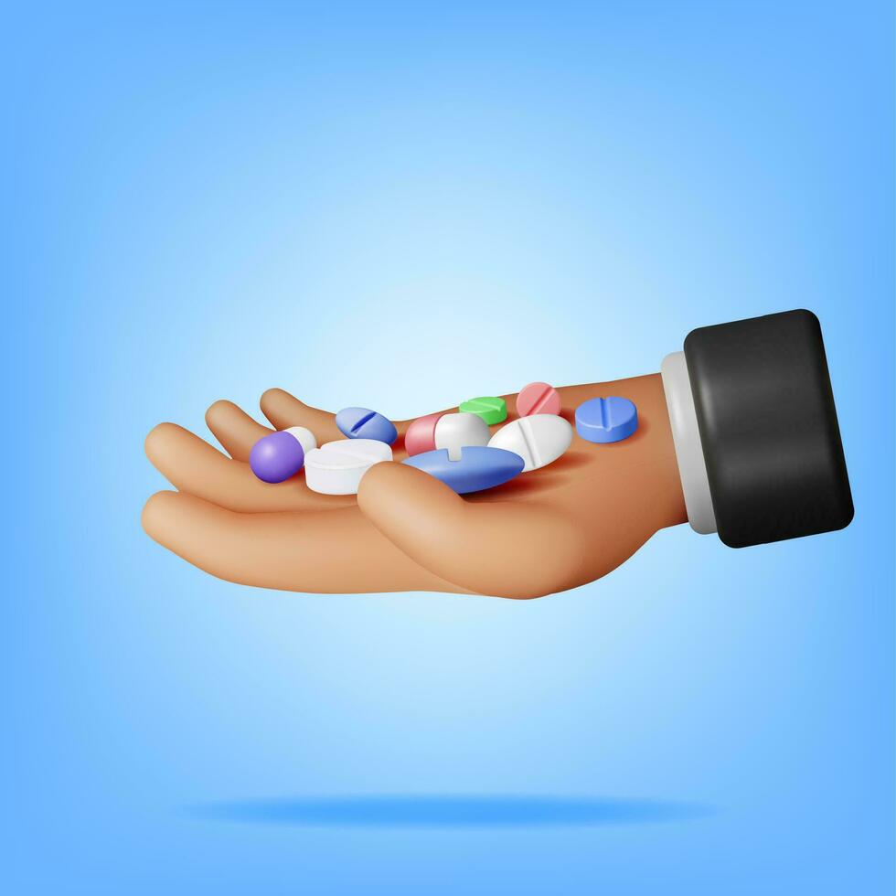 3d klassiek capsule pil en tablet verzameling in hand. geven capsule tablets set. pil voor ziekte en pijn behandeling. medisch medicijn, vitamine, antibiotica. gezondheidszorg apotheek. vector illustratie