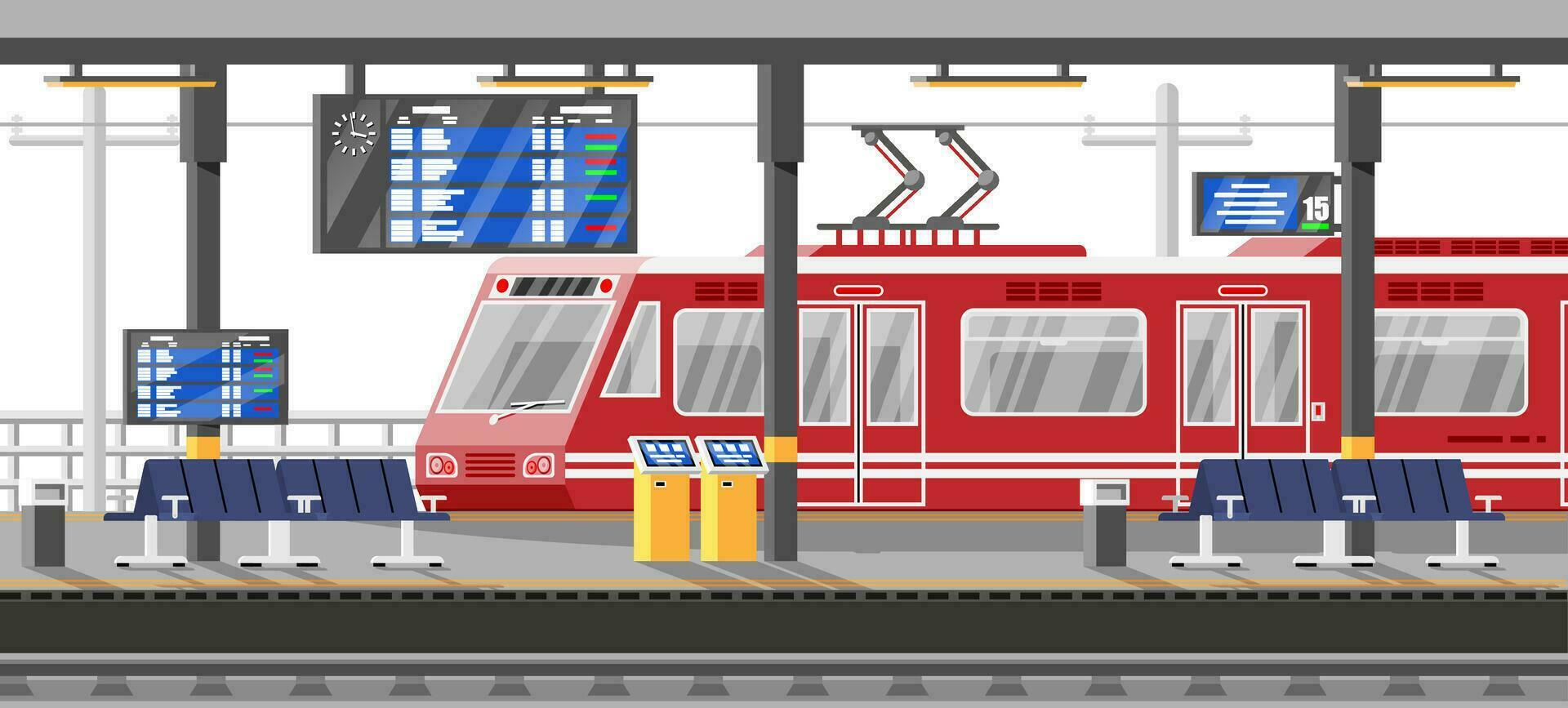 modern spoorweg station met hoog snelheid trein en platform met schema. super gestroomlijnd trein. passagier uitdrukken spoorweg locomotief. spoorweg openbaar vervoer metro. vlak vector illustratie