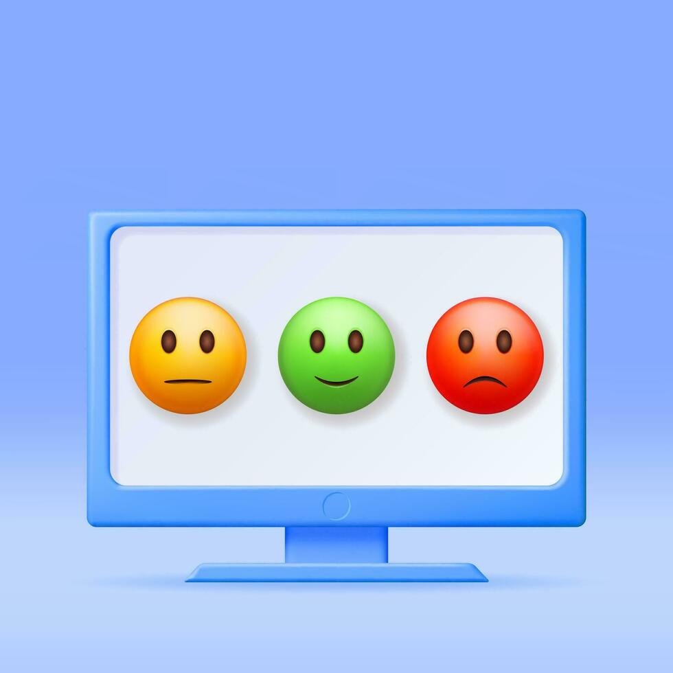 3d klant beoordeling glimlach emoticons checklist in computer geïsoleerd. geven positief, neutrale en negatief symbolen. getuigenissen beoordeling, feedback, vragenlijst, kwaliteit, opnieuw bekijken. vector illustratie