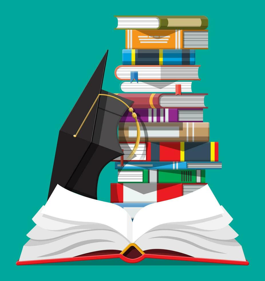 diploma uitreiking pet en stack van boeken. academisch en school- kennis, onderwijs en diploma uitreiking. lezing, e-boek, literatuur, encyclopedie. vector illustratie in vlak stijl