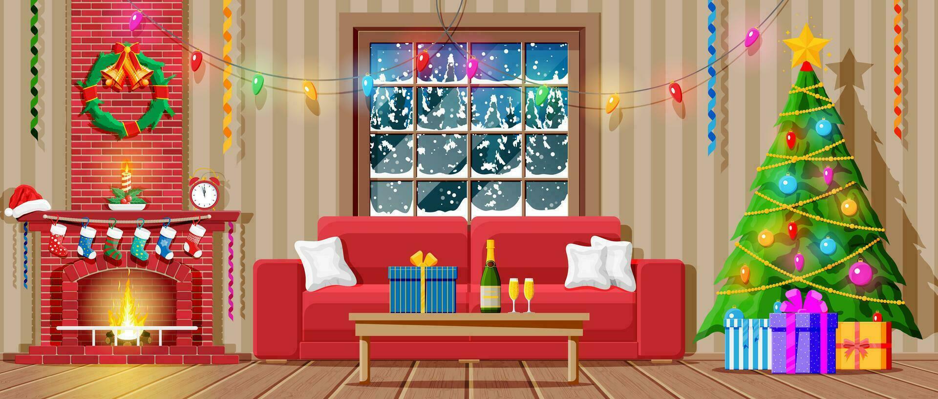 knus interieur van leven kamer met venster, bank, tafel, haard, Kerstmis boom. gelukkig nieuw jaar decoratie. vrolijk Kerstmis vakantie. nieuw jaar en Kerstmis viering. tekenfilm vlak vector illustratie