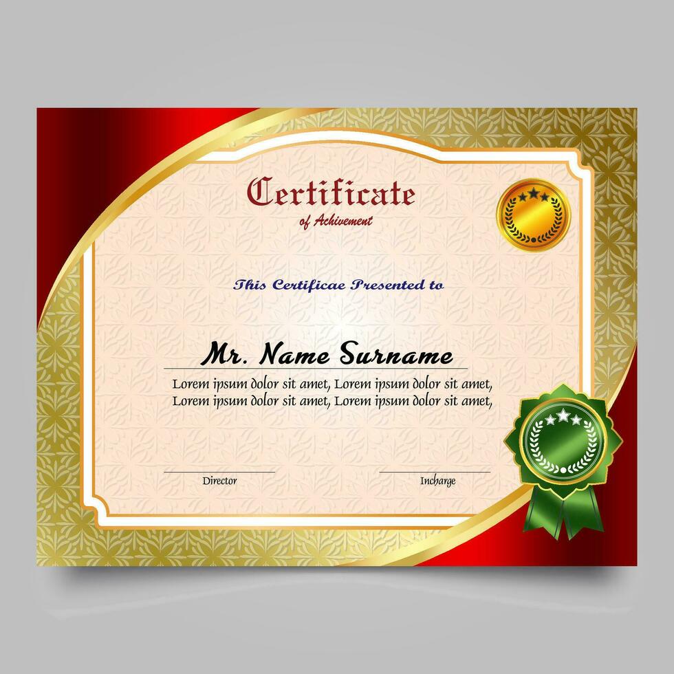 certificaat van prestatie sjabloon reeks met goud insigne en grens, waardering en prestatie certificaat sjabloon ontwerp. elegant diploma certificaat sjabloon vector