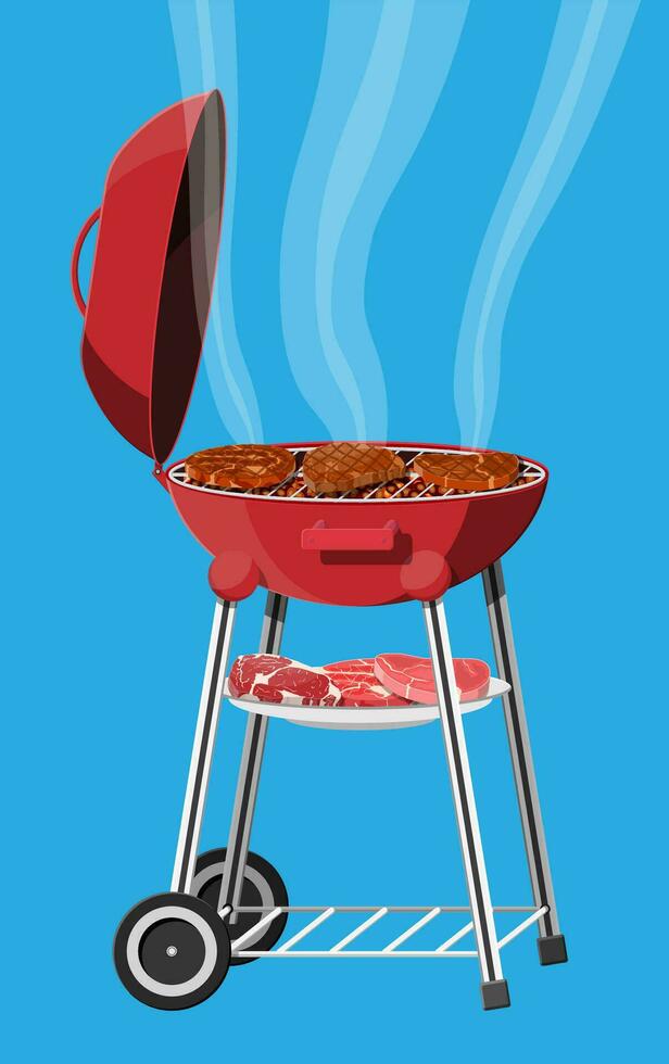 ronde barbecue grillen. bbq icoon. elektrisch grillen. apparaat voor frituren voedsel. vers vlees en steak. vector illustratie in vlak stijl