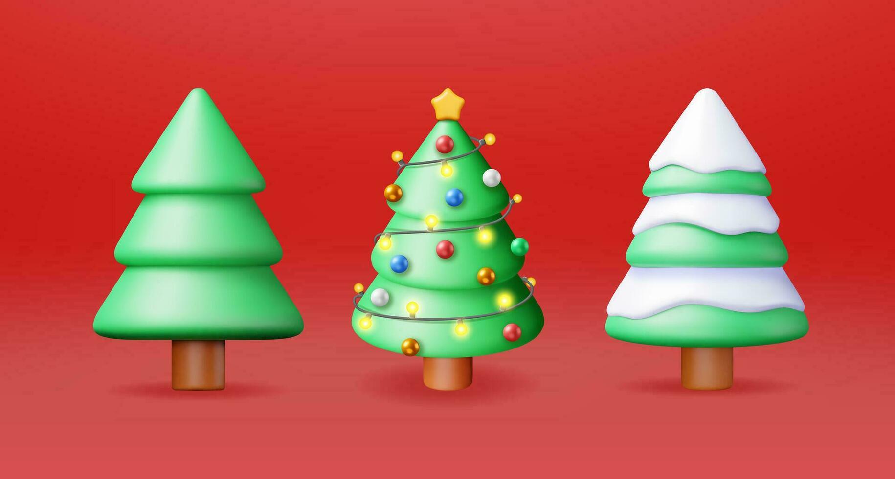 3d Kerstmis boom versierd met kleurrijk ballen, slinger lichten, gouden ster. geven spar, groenblijvend boom. groet kaart, feestelijk poster, partij uitnodigingen. nieuw jaar. realistisch vector illustratie