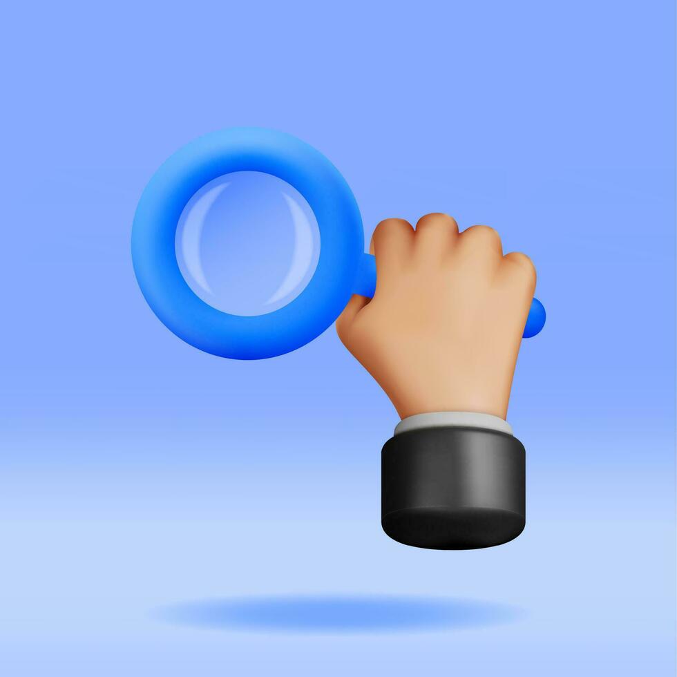 3d blauw vergroten glas in hand- geïsoleerd. geven plastic tekenfilm zoom lens. loupe gereedschap icoon. ontdekking, analyse, Onderzoek, onderzoek, zoeken concept. vector illustratie