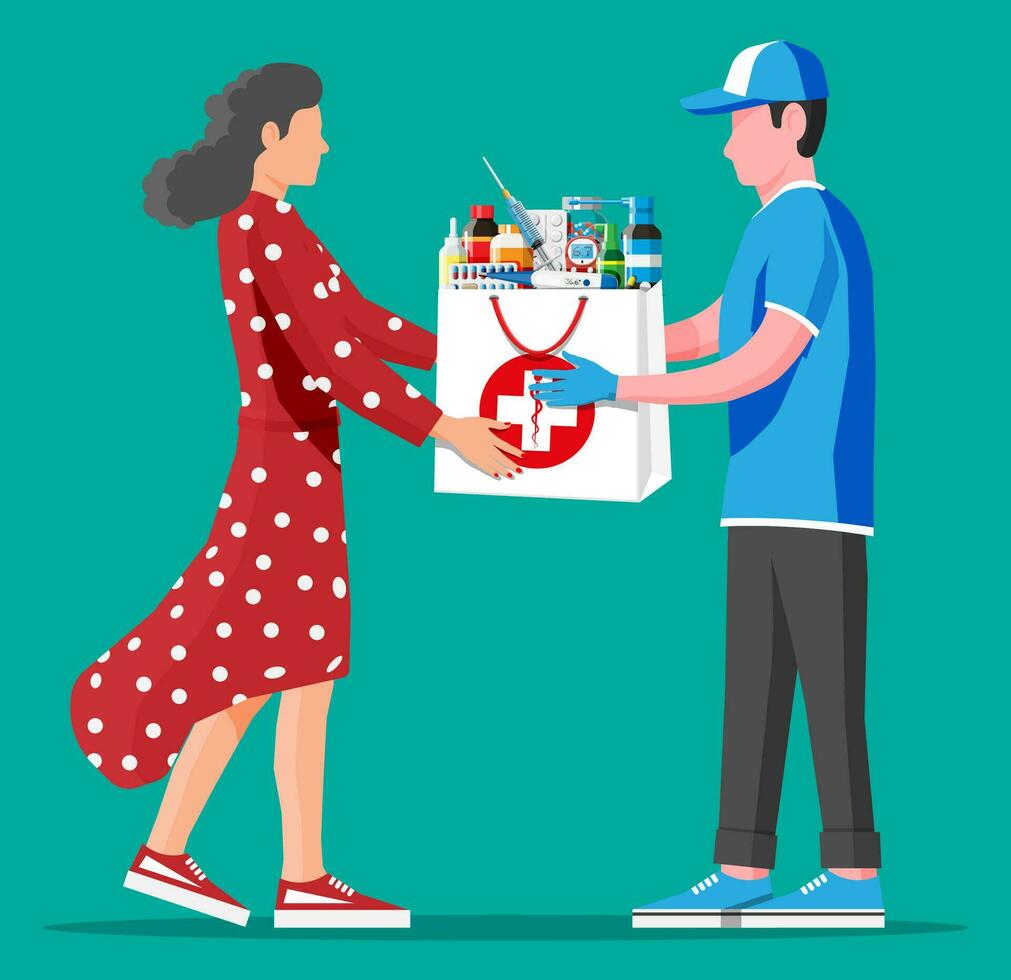 koerier geleverd pakket van verdovende middelen naar klant. apotheek levering onderhoud concept. levering Mens geven besteld medisch producten naar vrouw. online apotheek of internet winkel. vlak vector illustratie