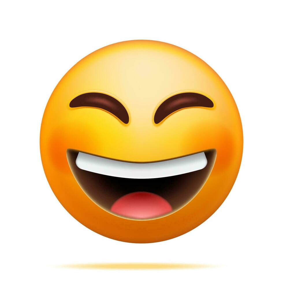 3d geel lach emoticon geïsoleerd. geven lachend glimlachen emoji. gelukkig veel van lach gezicht lol. communicatie, web, sociaal netwerk media, app knop. realistisch vector illustratie