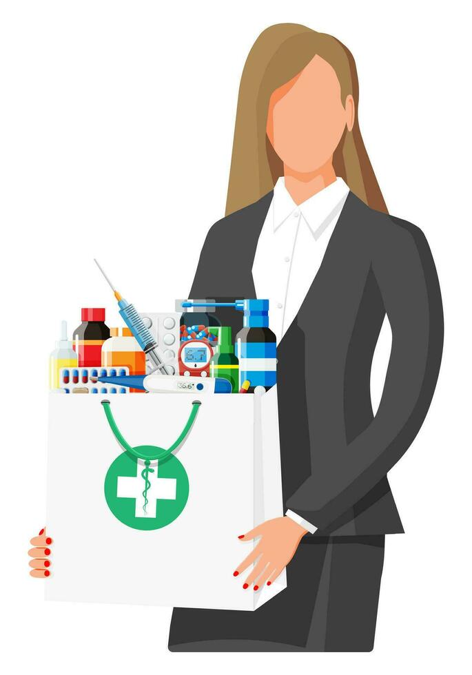 vrouw Holding apotheek tas. reeks van flessen, tabletten, pillen, capsules en sprays voor ziekte en pijn behandeling. medisch medicijn, vitamine, antibiotica. gezondheidszorg en apotheek. vlak vector illustratie