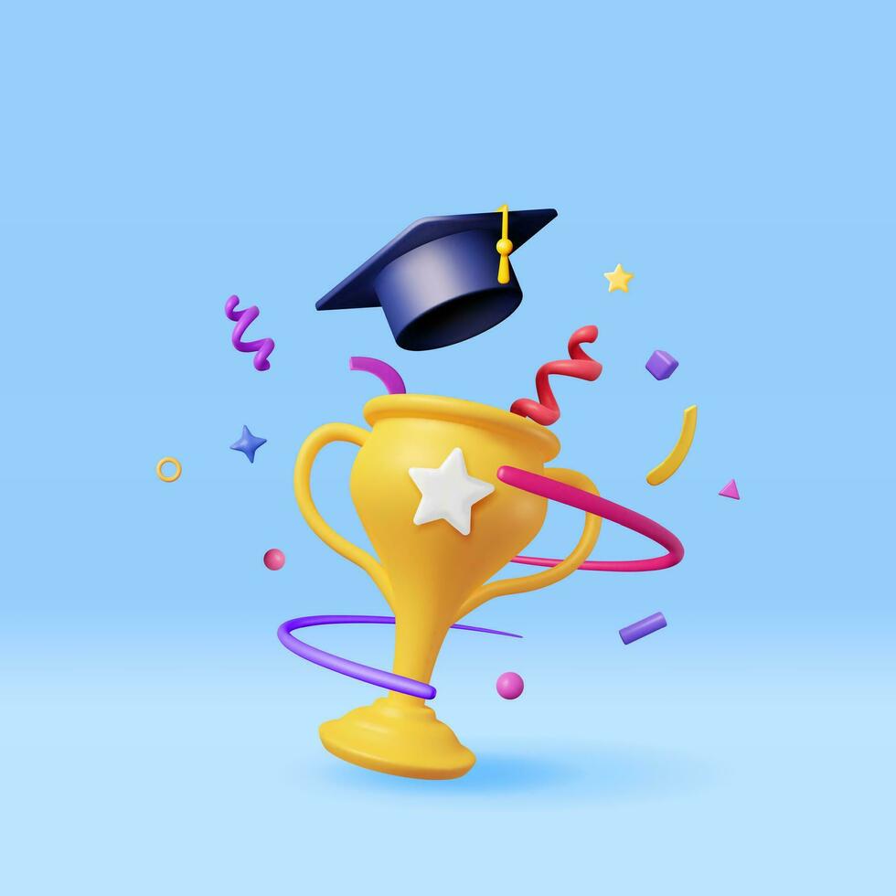 3d goud trofee, confetti en diploma uitreiking pet geïsoleerd. geven gouden kop en onderwijs hoed. diploma of accreditatie. doel en prestatie. bedrijf diploma uitreiking concept. vector illustratie