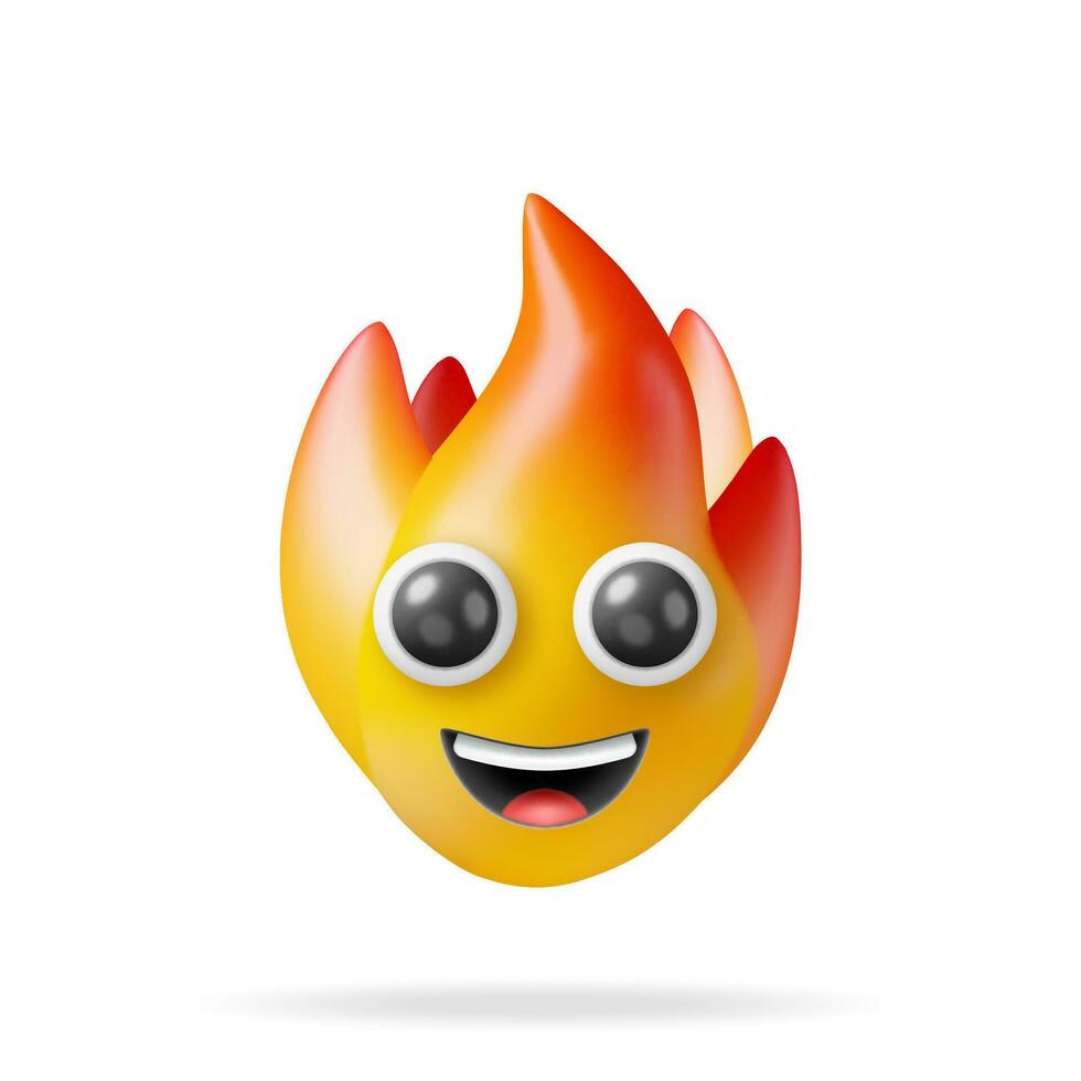 3d brand glimlach vlam icoon geïsoleerd Aan wit achtergrond. geven brandend brand of kampvuur. tekenfilm brand emoji symbool, energie en macht teken. realistisch vector illustratie