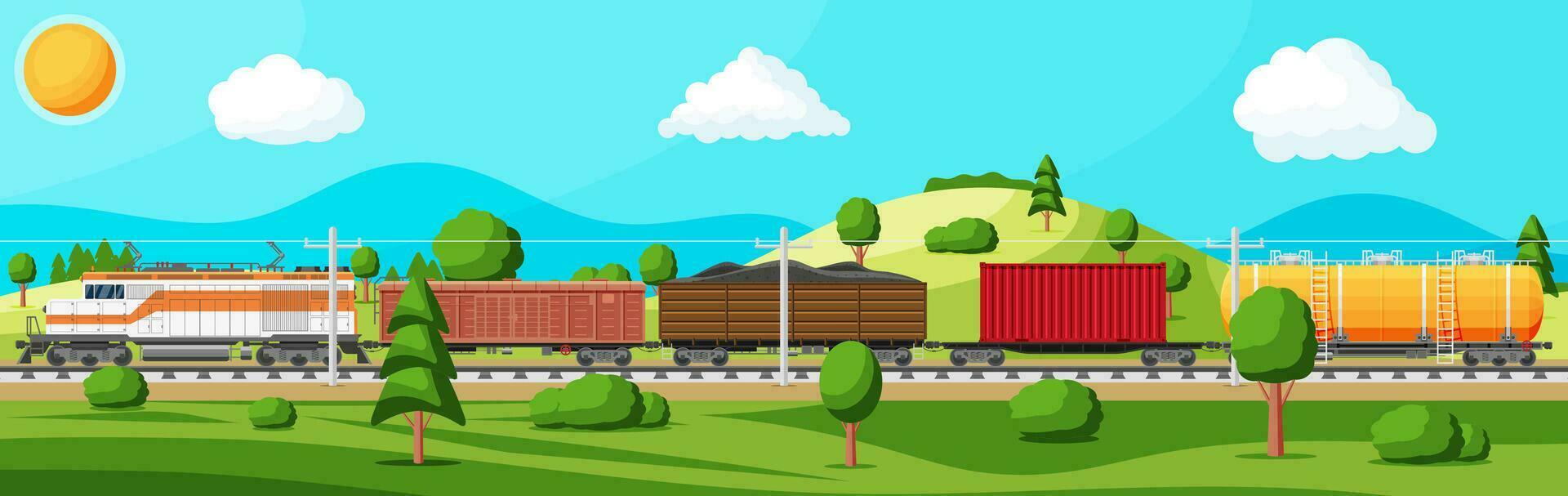 trein met lading wagens, reservoirs, tanks en auto's. spoorweg vracht verzameling. natuur landschap met bomen, heuvels, Woud en wolken. lading het spoor vervoer. vlak vector illustratie