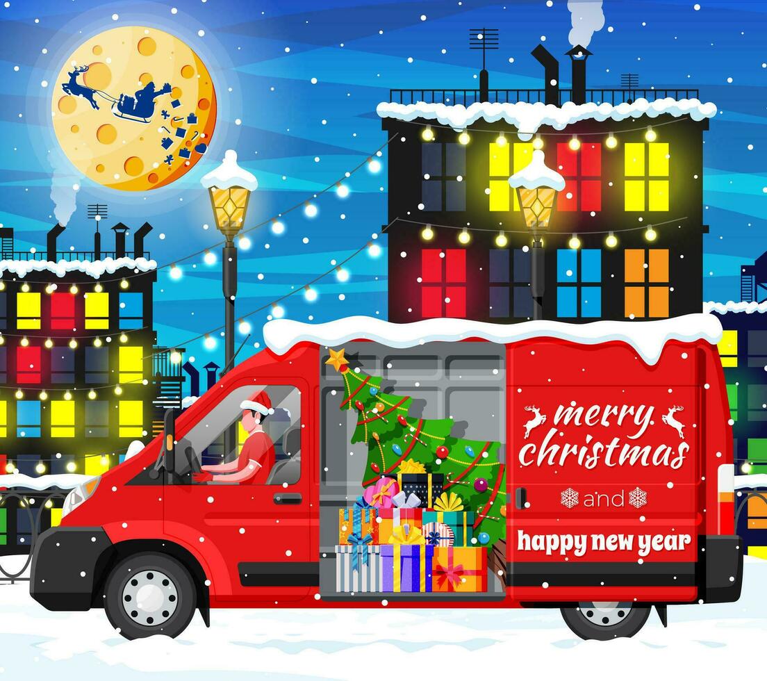 Kerstmis levering busje vrachtauto in dorp. levering Mens in de kerstman claus hoed. gelukkig nieuw jaar decoratie. vrolijk Kerstmis vakantie. stad gedekt sneeuw. nieuw jaar en Kerstmis viering. vlak vector illustratie