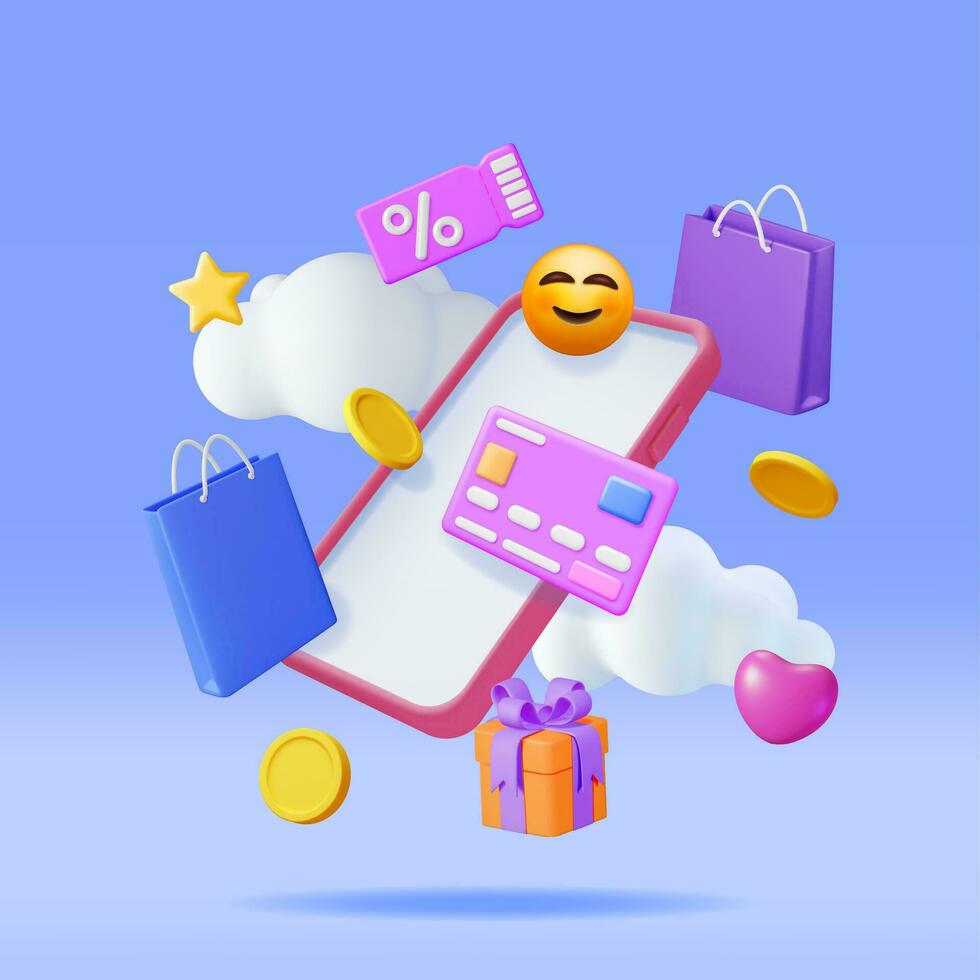 3d online boodschappen doen concept. geven smartphone met boodschappen doen symbolen. tas, bank kaart, geld, geschenk doos en korting tegoedbon of uitverkoop coupon. online winkel, betaling en levering. vector illustratie