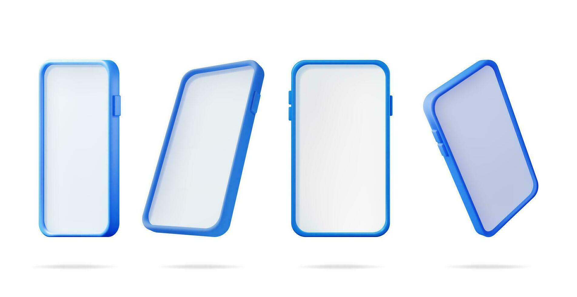 3d reeks realistisch smartphone met leeg scherm in verschillend kanten. voorkant en perspectief visie slim telefoon mockup veroorzaken. 3d telefoon blauw kleur. modern mobiel apparaatje apparaat icoon. vector illustratie