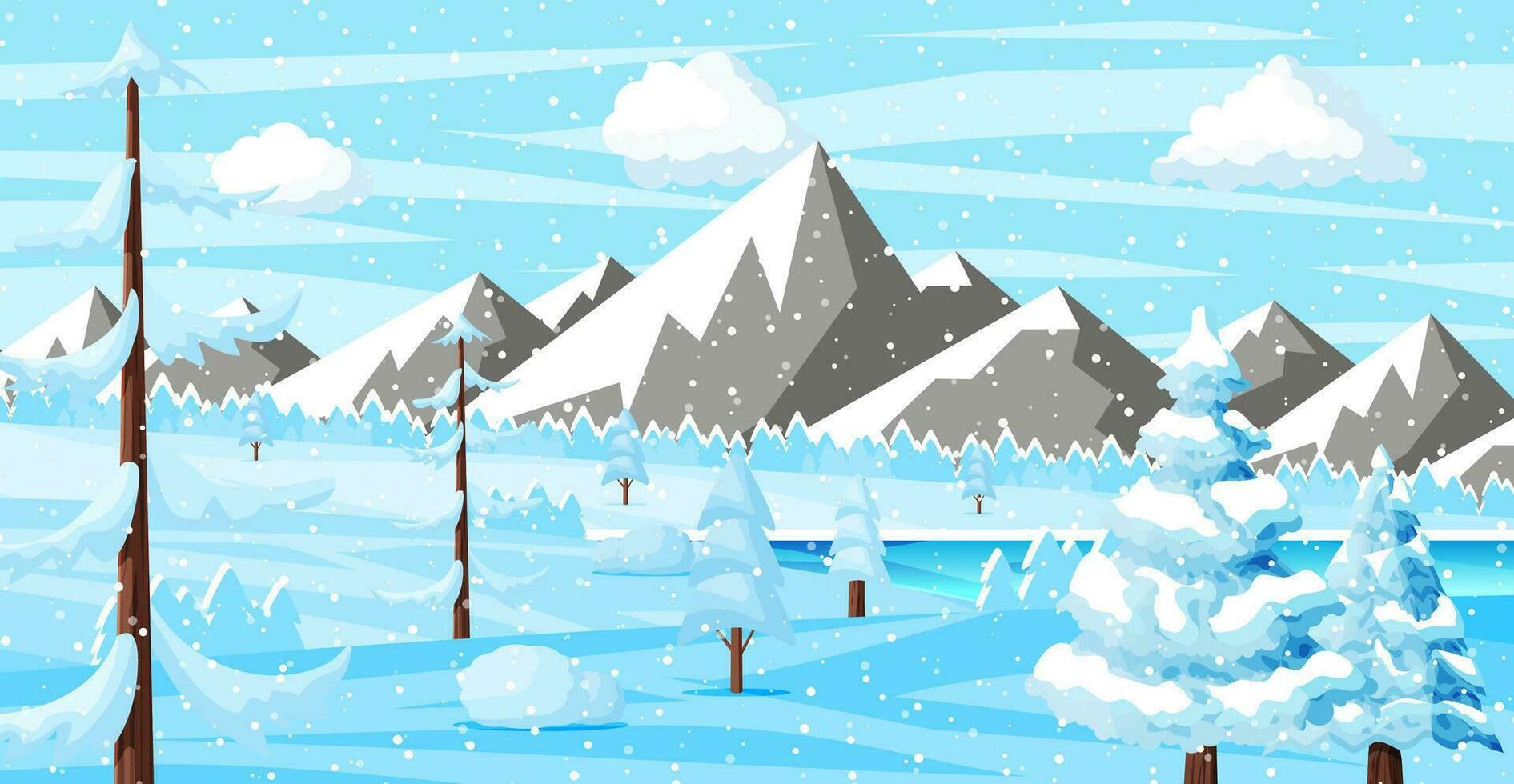 winter Kerstmis achtergrond. pijnboom boom hout en sneeuw. winter landschap met Spar bomen Woud, berg en sneeuwen. gelukkig nieuw jaar viering. nieuw jaar Kerstmis vakantie. vector illustratie vlak stijl