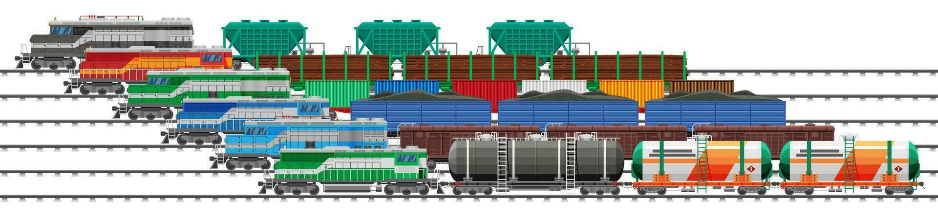 reeks van trein lading wagens, reservoirs, tanks en auto's. spoorweg vracht verzameling. platte wagen, gesloten goederenwagen, auto koets. industrieel rijtuigen, kant visie. lading het spoor vervoer. vlak vector illustratie