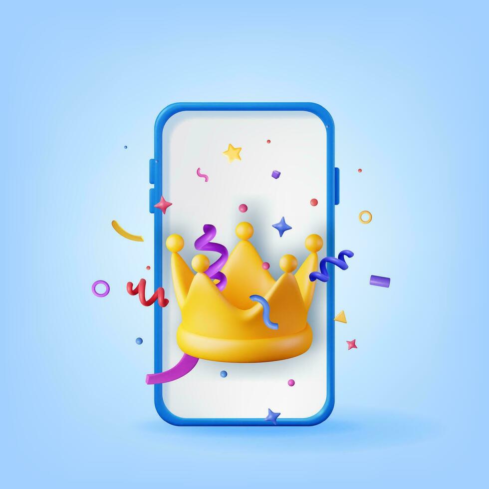 3d goud kroon icoon en confetti in smartphone. geven kleurrijk confetti in de omgeving van kroon in telefoon. symbool voor vip, rijk, winnaar luxe premie succes. beoordeling of toestand teken. realistisch vector illustratie