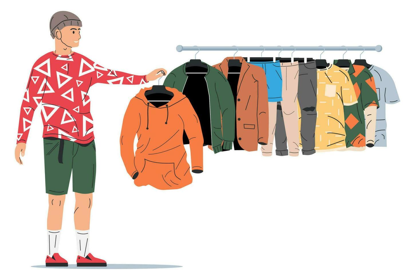 Mens in de buurt rek met kleren. Mannen kleren Aan hanger. huis of winkel garderobe. kleren en accessoires. divers hangende kleding. jasje, shirt, jeans, broek. tekenfilm vlak vector illustratie