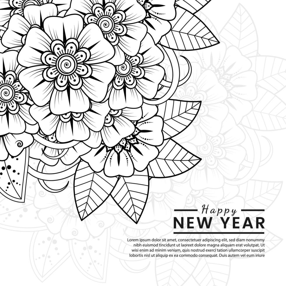 gelukkig nieuwjaar banner of kaartsjabloon met mehndi bloem vector