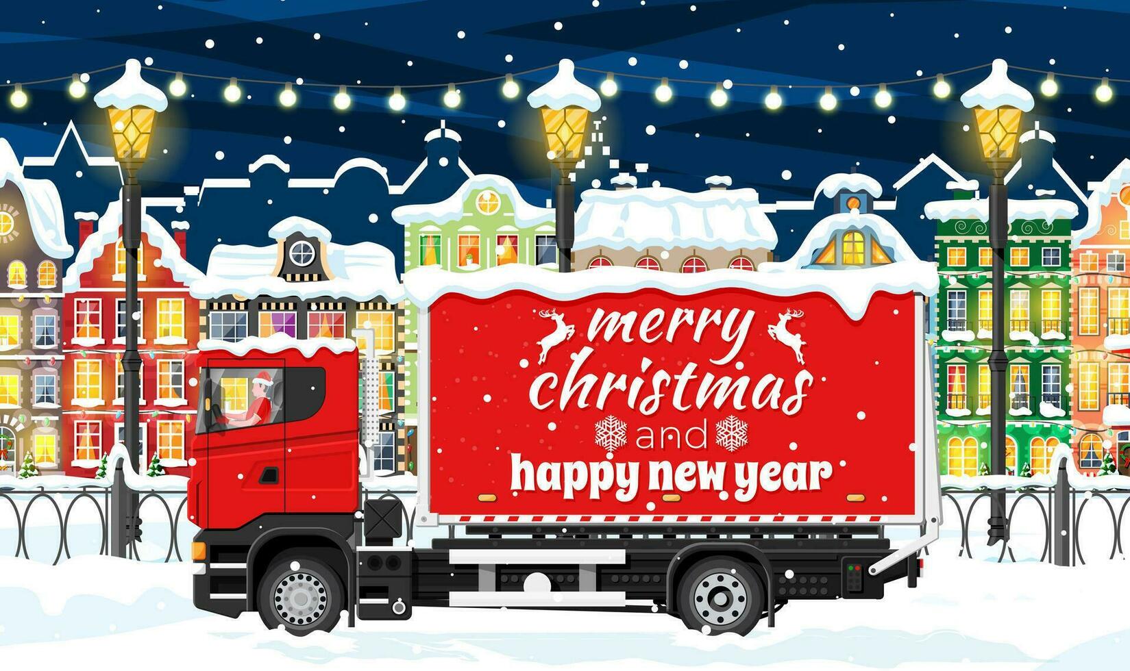 Kerstmis levering vrachtauto in dorp. levering Mens in de kerstman claus hoed. gelukkig nieuw jaar decoratie. vrolijk Kerstmis vakantie. stad gedekt sneeuw. nieuw jaar en Kerstmis viering. vlak vector illustratie