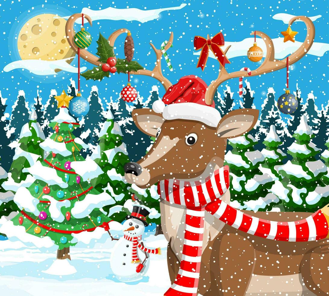 Kerstmis achtergrond. hert met gewei sjaal hulst, boog, kerstballen. winter landschap met Spar bomen Woud en sneeuwen. gelukkig nieuw jaar viering. nieuw jaar Kerstmis vakantie. vector illustratie vlak stijl