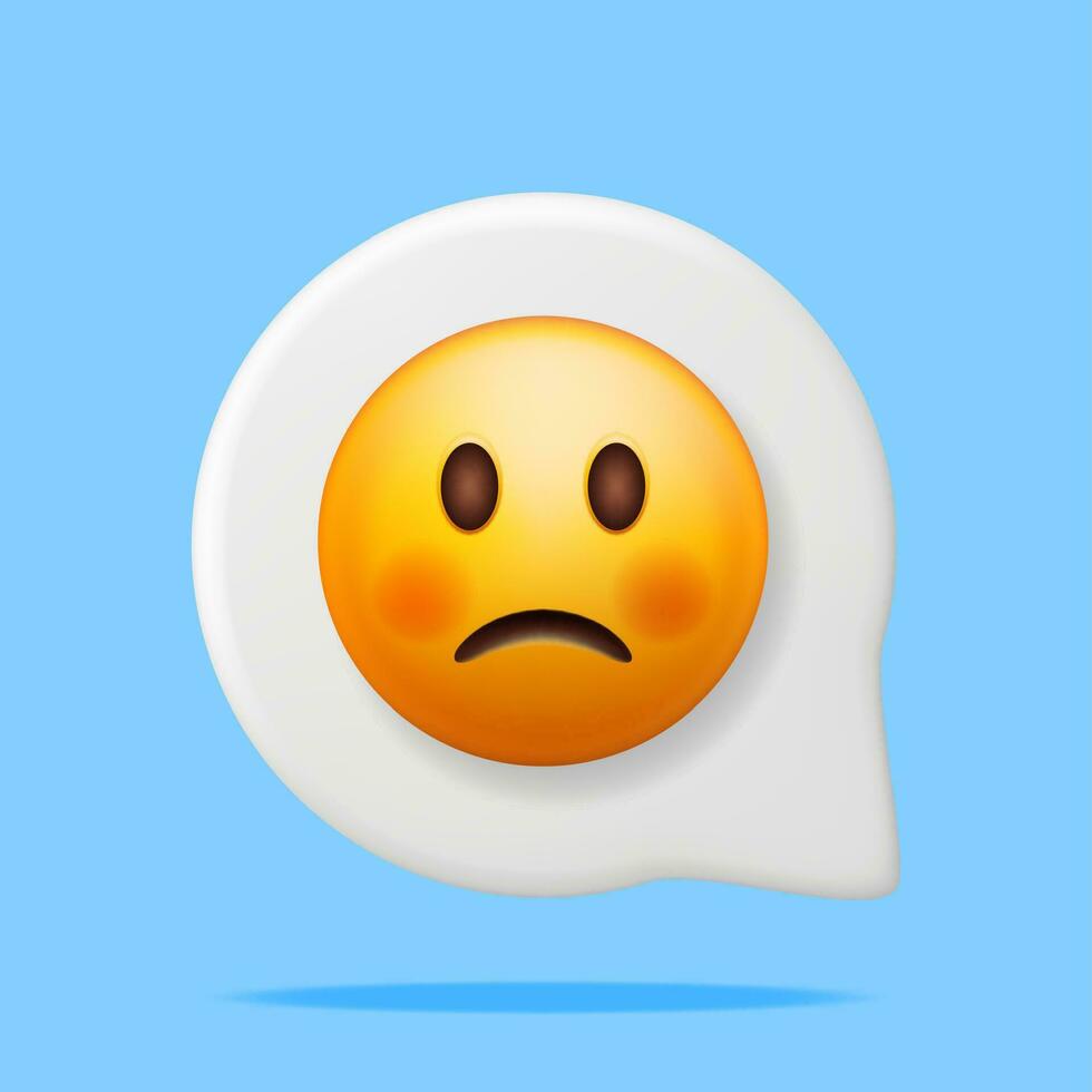 3d geel verdrietig emoticon in toespraak bubbel geïsoleerd. geven verdrietig emoji. een beetje ongelukkig gezicht. communicatie, web, sociaal netwerk media, app knop. realistisch vector illustratie