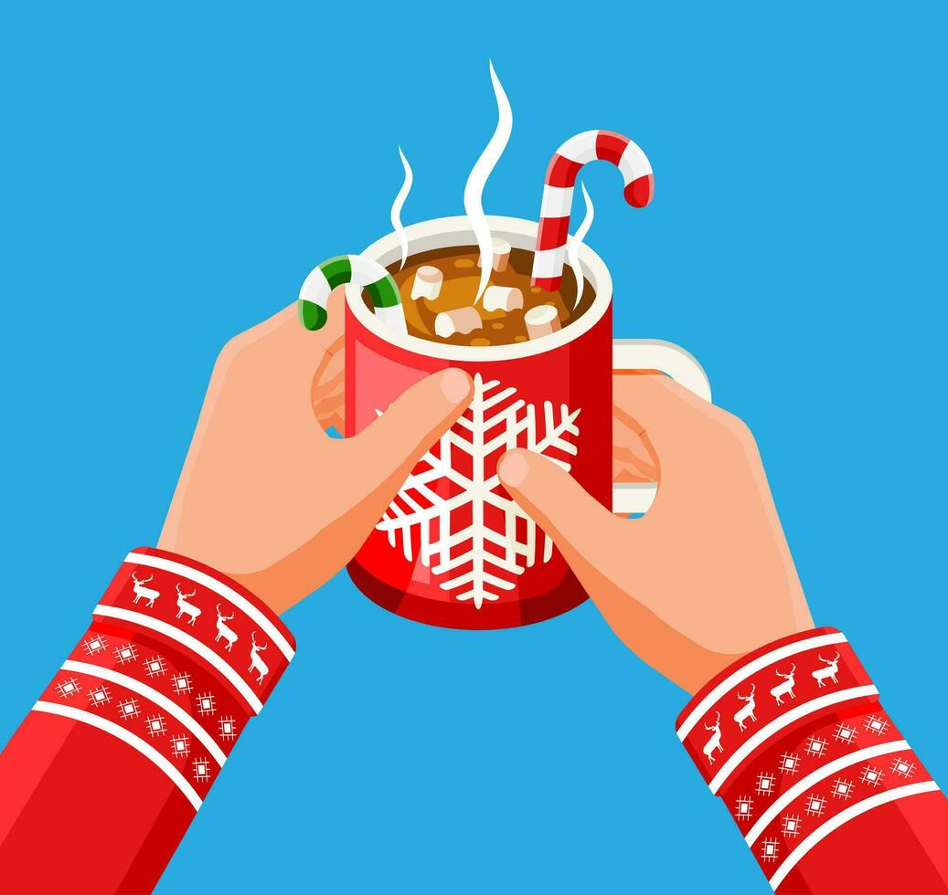 koffie mok met marshmallows en snoep riet in hand. Kerstmis heet drinken met desserts. heet chocola, kop van koffie cacao. nieuw jaar, vrolijk Kerstmis vakantie Kerstmis viering. vlak vector illustratie