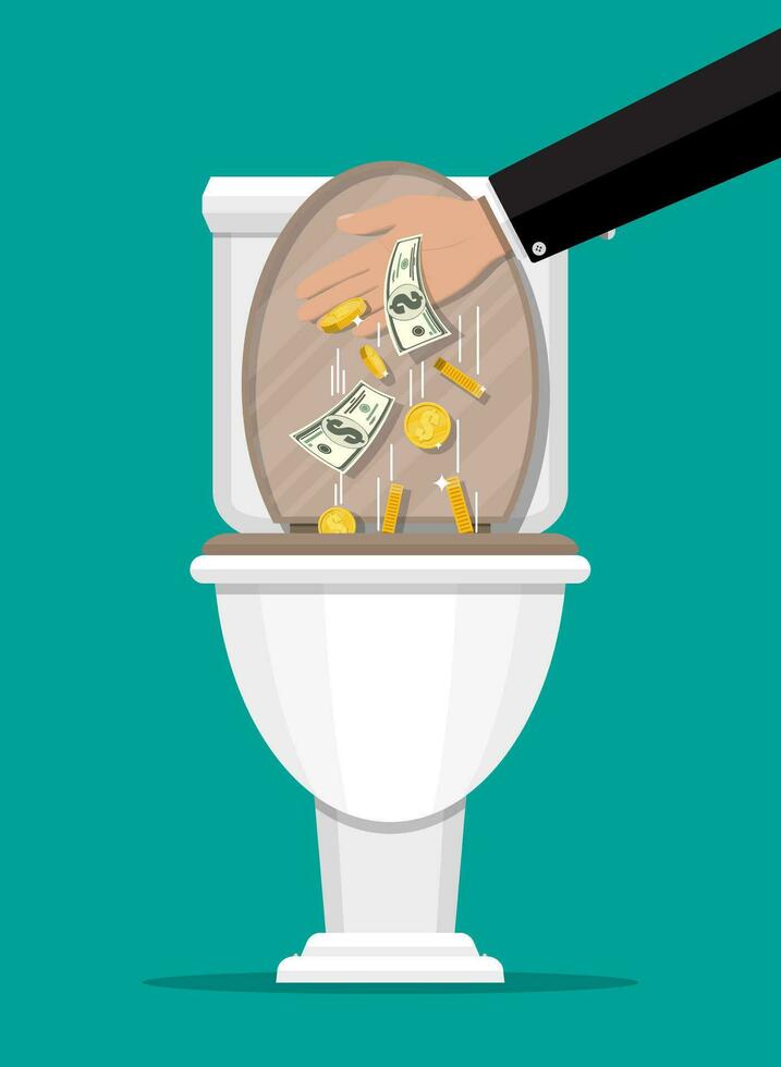 zakenman hand- zetten dollar rekeningen in toilet. verliezende of verspilling geld, te veel uitgeven, faillissement of crisis. vector illustratie in vlak stijl